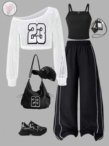 三件套少女休闲街头风穿搭，包括不对称肩部网纱针织罩衫、修身针织吊带背心和黑白滚边阔腿工装裤，适合返校、秋冬旅行穿着。