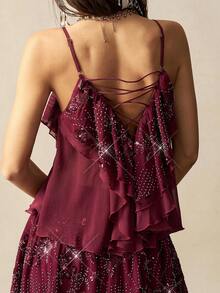 Bohemela Áo hai dây đính hạt màu đỏ phong cách Bohemian BOHO dành cho nữ - Màu Đỏ Sâu - Xem 1