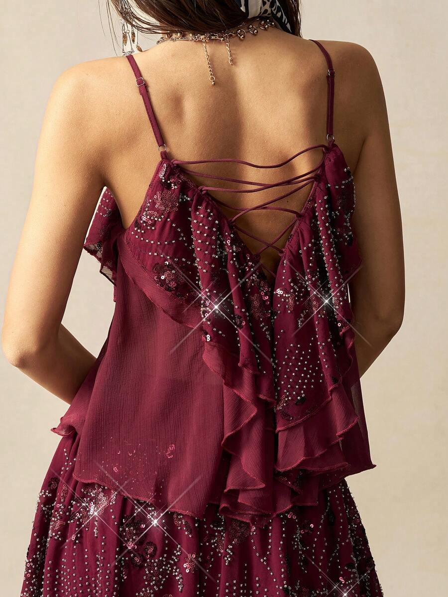 Bohemela Áo hai dây đính hạt màu đỏ phong cách Bohemian BOHO dành cho nữ - Màu Đỏ Sâu - Xem 1