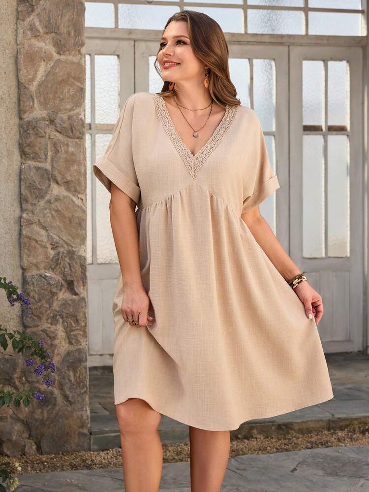 Plus Size Solid Color Minimalist V-Neck Short Sleeve Dress, Casual Everyday Wear For Summer/ Vacation Light Brown Dress Short Sleeve Summer Dress Summer Outfit For Women Beach Vacation Outfits Beige Dress For Women Tan Dress Women