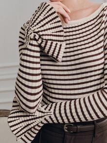 Anewsta Women's Spring/Summer Knit Top, French Elegant Striped Off-Shoulder Flare Sleeve Blouse - Coffee Brown - View 2