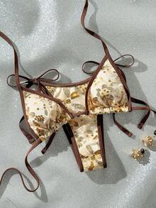 Swim Vcay 香槟色闪亮面料抹胸比基尼套装，侧边系带，适合海滩派对、下午茶、夏季等场合。 - 彩色 - 查看 2