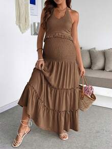 SHEIN Summer Outfits For Women  Women's Summer Set,Summer Outfit For Women  Maternity Solid Color Halter Tie Ruffle Hem Patchwork Top And Gathered Waist Skirt Set, Fashionable For Party And Outings Brown Maternity Dress Pregnancy Dress Maternity Sundress Pregnant Outfits Summer - Coffee Brown - View 6