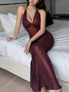 DAZY Sheer Silver Yarn Blended Mesh V-Neck Backless Sexy Nightgown For Going Out Red Women Dresses - Burgundy - View 2