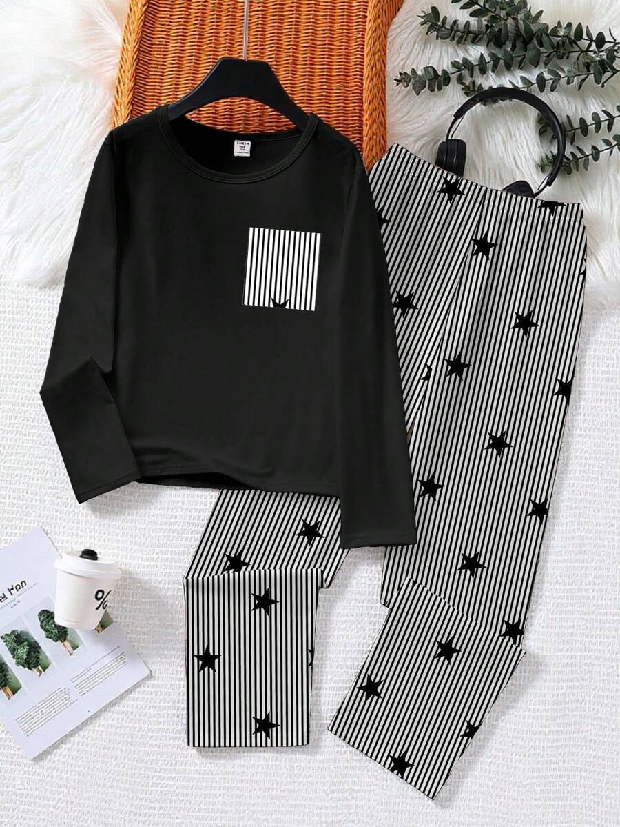 2pcs/Set Teenage Boys Black Knit Fabric Shirt With Chest Pocket & Pants With Classic Vertical Striped Star Print, Comfortable Soft Fabric, Casual Loose Fit Loungewear Set - Multicolor - View 1