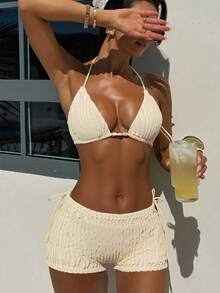 Bonvoyette Bộ bikini 3 món dành cho nữ, chất liệu vải trơn, có họa tiết, kiểu buộc dây cổ. - Màu be - Xem 3