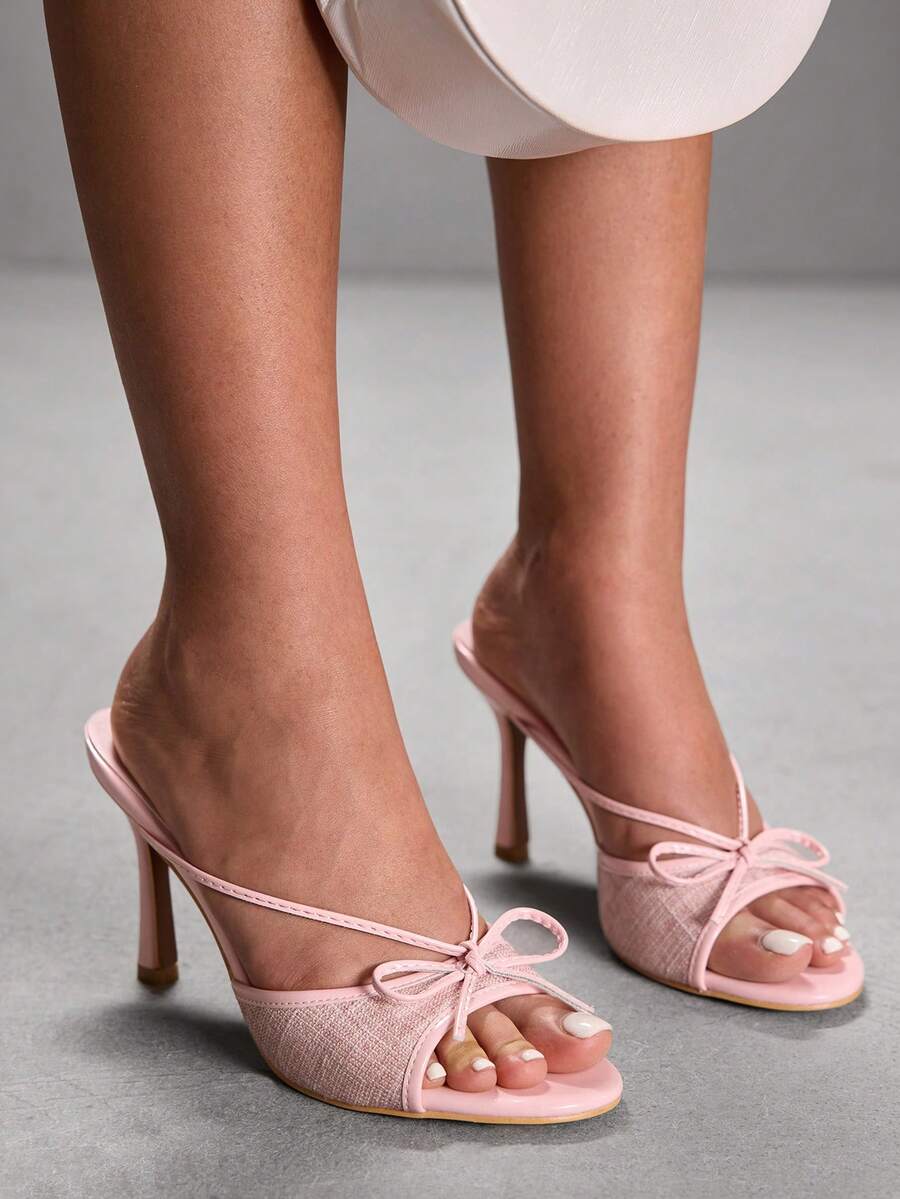 CUCCOO SZL 女士网纱拼接蝴蝶结绑带圆头细高跟凉鞋，优雅浪漫，适合下午茶、约会、优雅装扮、度假等场合。 - 淺粉色 - 查看 1