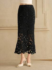 Arave Women's Water-Soluble Lace Knitted Design Lace Temperament Charm Elegant Date Hollow Skirt Autumn New Year Black Lace Skirt  Leisure, Dating - Black - View 7