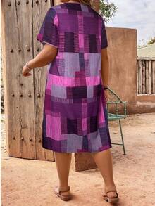 EMERY ROSE Plus Size Plaid Patchwork Print V-Neck Button Decor Dress - Purple - View 2