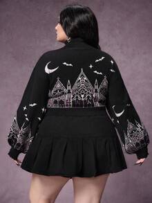 ROMWE Áo len cổ cao phối màu tương phản họa tiết lâu đài và thánh giá kiểu Gothic dành cho nữ, cỡ lớn. - Màu tím - Xem 3