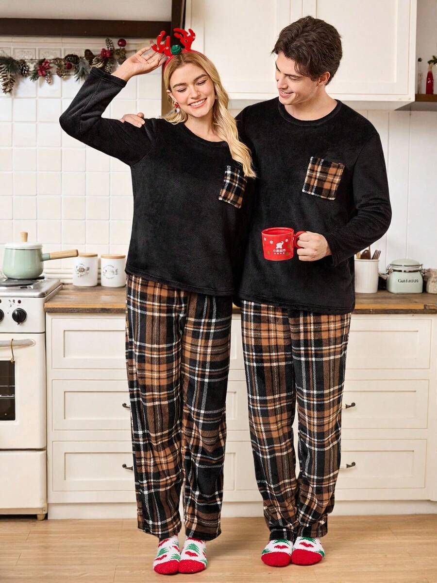 SHEIN Plaid Print Pocket Long Sleeve & Long Pants Men's Cozy Pajama Set, Autumn/Winter Matching Couple Pajama Set Valentine's Day Plaid Pajama Set
