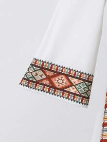 SHEIN Young Girl Geometric Print Pleated Casual Flare Sleeve Dress, Suitable For Outings And Gatherings - Apricot - View 4