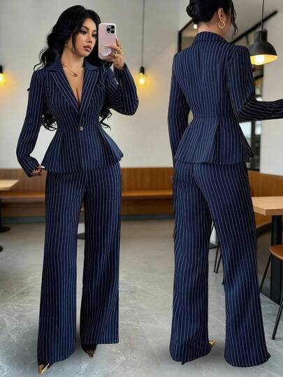 SHEIN Elenzya Damkostymset, midjeåtsnabbad A-linjedesign, randig elegant daglig pendling mode fransk gata vintage business långärmad kavaj, marinblå Thanksgiving Halloween-känsla, höst nytt snyggt och viktigt exklusivt värdigt långärmat löst sittande raka byxor tvådelat set