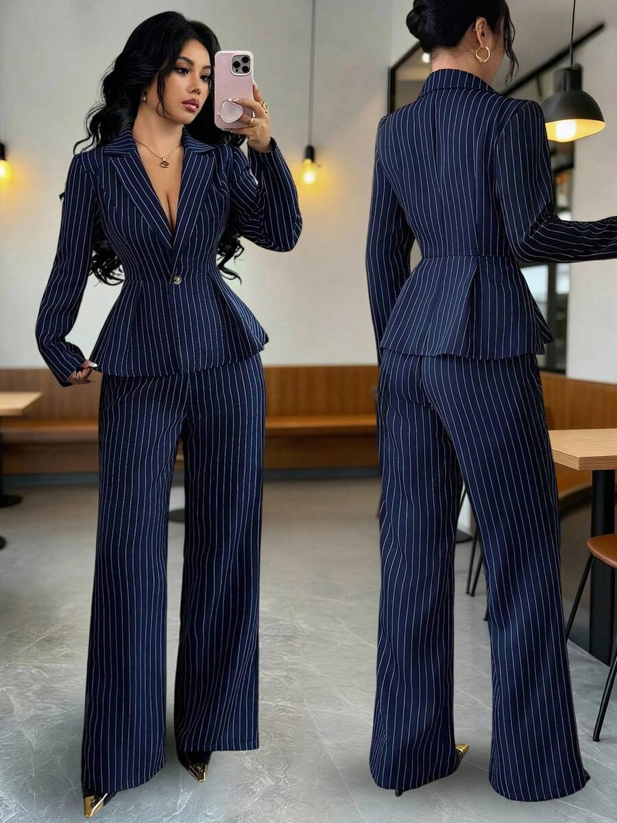 SHEIN Elenzya 女士套装，收腰A字版型，条纹优雅日常通勤时尚法式街头复古商务长袖西装外套，藏蓝色感恩节万圣节氛围，秋季新款时尚必备高端端庄长袖宽松直筒裤两件套 - 藍色 - 查看 1
