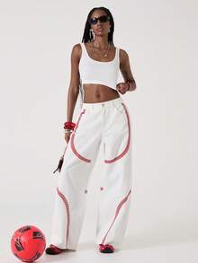 ROMWE Avant 女士宽松低腰白色牛仔裤，饰有红色刺绣图案 - 白色 - 查看 4