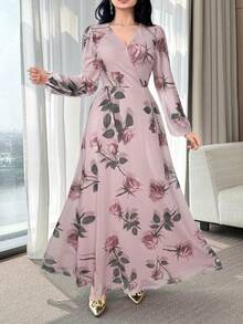 Nuevo vestido elegante y encantador de cintura ceñida de alta gama con flores de rosa para mujeres - Verde militar - Ver 9