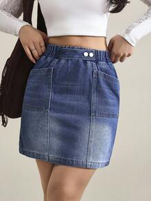 SHEIN Tall 女士松紧腰带口袋休闲牛仔铅笔裙 - 藍色 - 查看 7