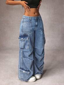Jeanoix Plus Size Women Street Style Loose Multi-Pocket Denim Jeans Baggy Jeans Y2k Oversized Jeans Loose Jeans Cargo Jeans Wide Leg Jeans - Blue - View 4