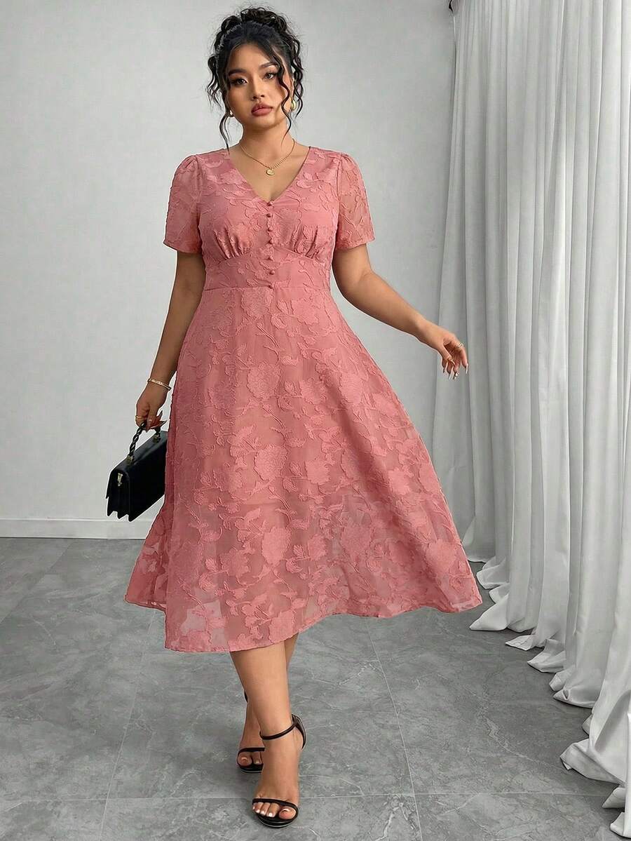 SHEIN Clasi Rochie elegantă de vară din jacquard, mărime plus - Roz praf - Vizualizare 1