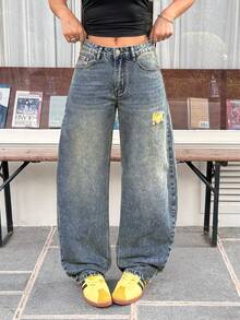 Rivivi Quần jeans nữ cạp thấp, kiểu dáng thời trang, rách rưới, ống loe, giặt mài, màu vintage. - Rửa trung bình - Xem 1