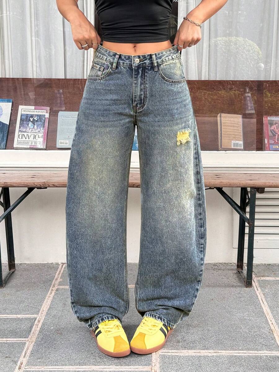 Rivivi Quần jeans nữ cạp thấp, kiểu dáng thời trang, rách rưới, ống loe, giặt mài, màu vintage. - Rửa trung bình - Xem 1
