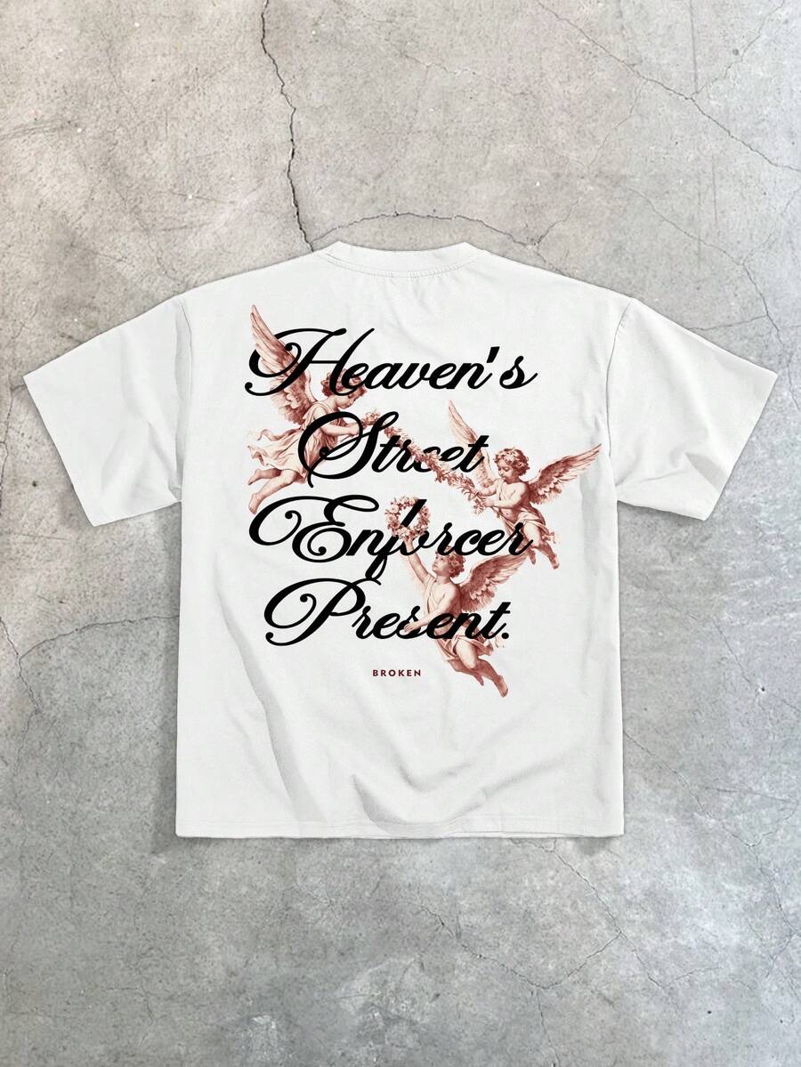 Manfinity Roghcode Men's Renaissance Classic Angel Handwritten Font Casual Print Regular Fit Loose Short Sleeve T-Shirt,White And Pink,Summer,Streetwear,City Break Gift - White - View 1