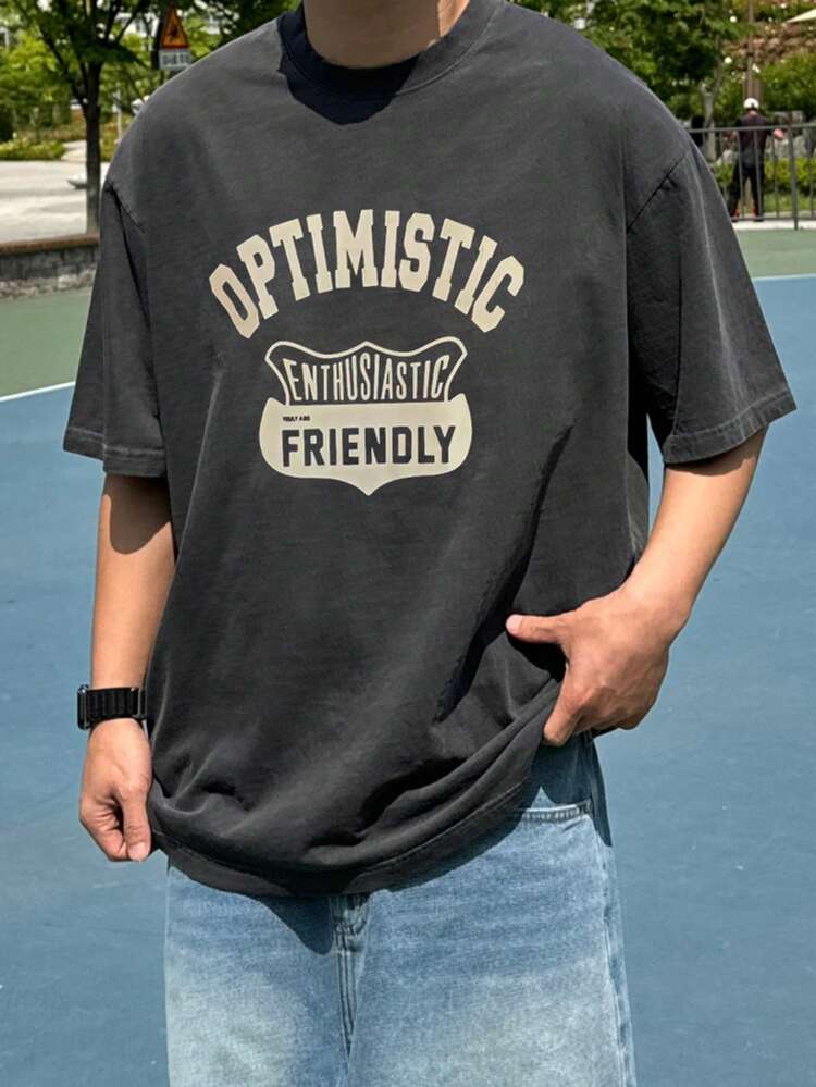 Men's Grey Letter Print Round Neck T-Shirt, Summer