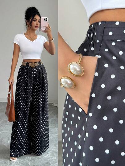 SHEIN Elenzya Spring/Summer New Casual High Waist Polka Dot Skirt Pants, Elegant Style Suitable For Daily And Work Wear, Graduation Season, Vintage Music Festival, Derby, Independence Day