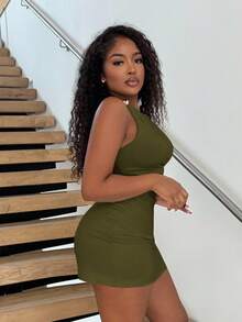 Alexandranx Fitted Ruched Metal Button Decoration Army Green Dress - Army Green - View 3
