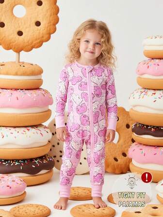 新生女婴粉色动物饼干数码印花长袖双拉链连体衣