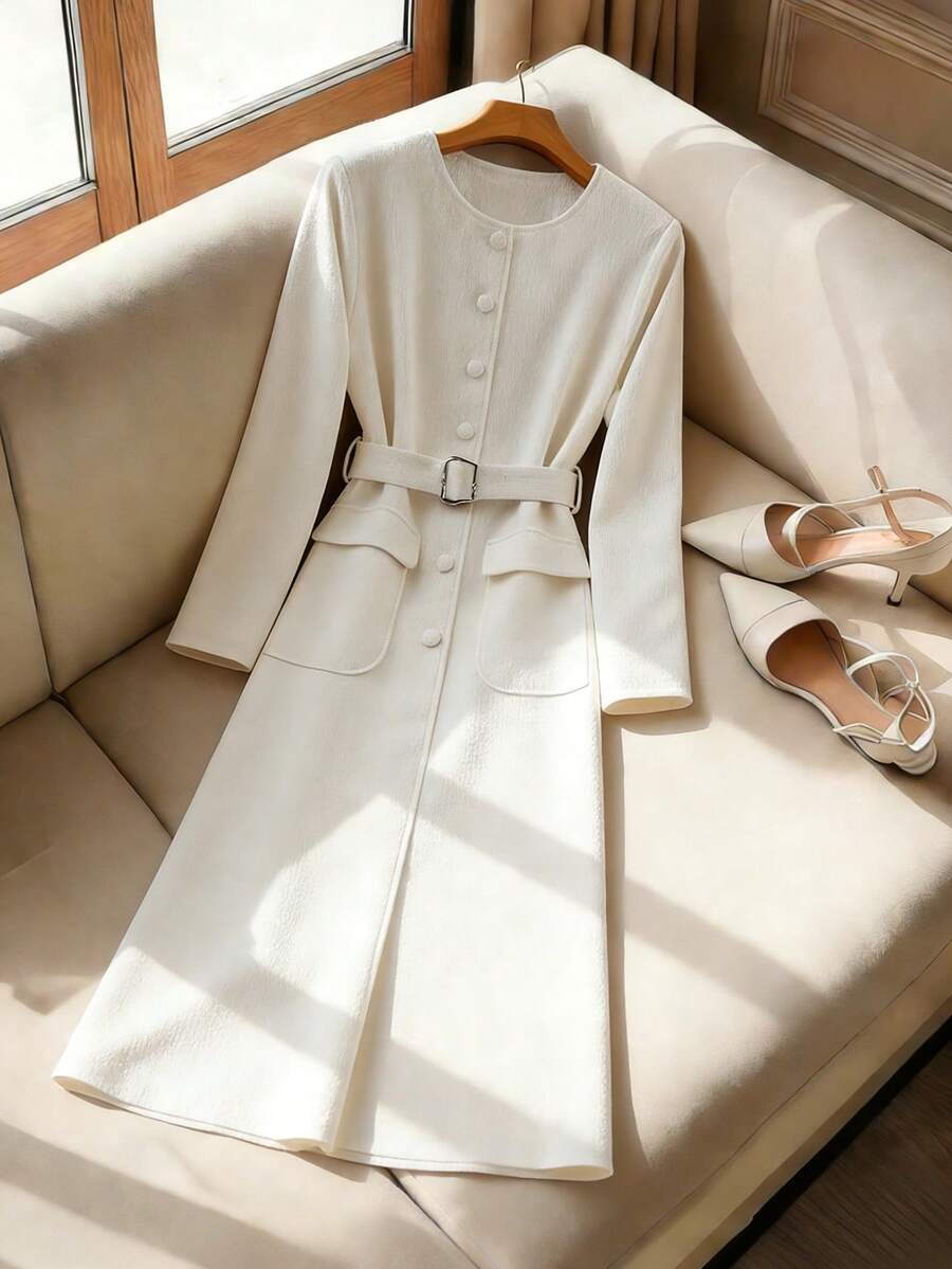 SHEIN Clasi Plus Size Women's Solid Color Round Neck Long Sleeve Single-Breasted High-Quality Slimming Dress - White - View 1