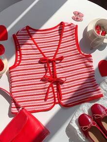 Comfortcana Red And White Striped,Summer,Cute,Date Women's Lightweight Vest Jacket With Bow Tie,Valentine's Day Waffle Stripe Knit Casual Elegant Y2k Top,Beach - Multicolor - View 4