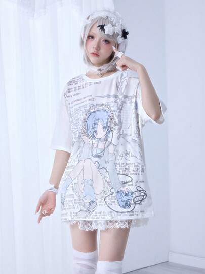 Camiseta de mujer con estampado de anime lindo y estilo vaporwave