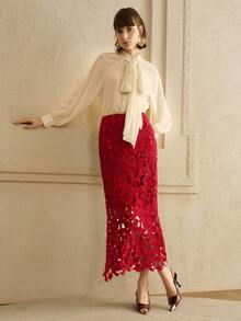 Arave Women's Water-Soluble Lace Knitted Design Lace Temperament Charm Elegant Date Hollow Skirt Autumn     New Year Dress Red Dress New Year Clothes Valentine's Day New Year Red Lace Skirt Leisure, Dating - Red - View 2