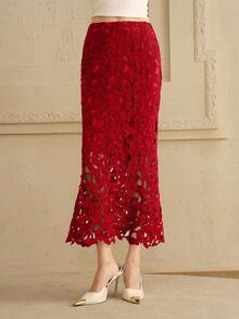 Arave Women's Water-Soluble Lace Knitted Design Lace Temperament Charm Elegant Date Hollow Skirt Autumn     New Year Dress Red Dress New Year Clothes Valentine's Day New Year Red Lace Skirt Leisure, Dating - Red - View 7