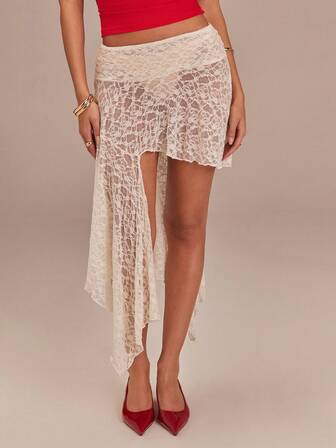 Athîral 女士休闲不对称蕾丝杏色半身裙，适合情人节穿着