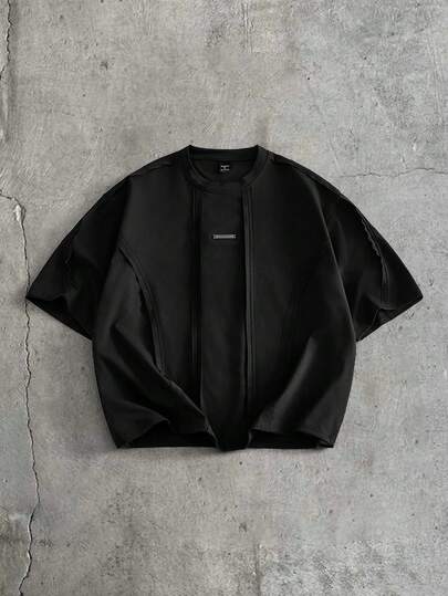 AXEPEAK Men's Casual Standard Size Black T-Shirt With Contrast Rib Knit Crew Neck, Summer Oversized Boxy Tshirt Streetwear Top Crop Mens Shirt Jersey Cropped Shirts Mens Oversized Cropped Tee Men