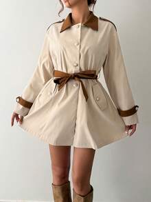 Islaluna Damen Trenchcoat mit Kontrast-Kragen und -Manschetten, Langarm - Khaki - Übersicht 5