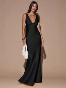 SHEIN BAE 性感简约纯色黄/米色深V领无袖露背系带连衣裙，适合派对、鸡尾酒会、正式场合、伴娘、生日、圣诞节、商务休闲等场合。 - 黑色 - 查看 4