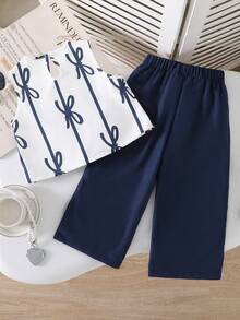 SHEIN 2pcs/Set Toddler Girls' Fashionable Cute 3D Bow Decor Sleeveless Tank Top And Cropped Pants Set, Versatile For Daily Wear, Spring/Summer Preppy Two Piece Set Navy Blue Pants For Girls - Blue - View 2