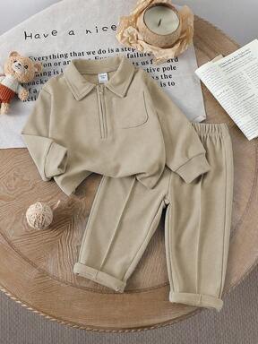 Genkimix Kids Young BoySimple Solid Gray Casual Collared Half-Zip Long Sleeve Top And Matching Pants Set, Suitable For Outings, Leisure, And Daily Sports