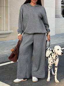 SHEIN EZwear 2pcs Set Grey Plus Size Hoodie Top And Pants - Grey - View 2