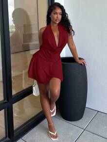 Alexandranx New Sexy Backless Solid Color Halter Deep Draped Neck Asymmetrical Ruffle Hem Mini Dress, Suitable For Going Out - Burgundy - View 3