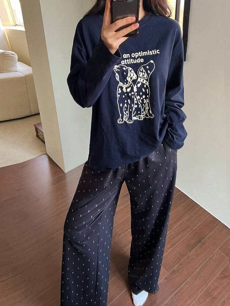 Letter & Puppy Print T-Shirt Top Combo With Polka Dot Pajama Pants, Women Sleepwear Set