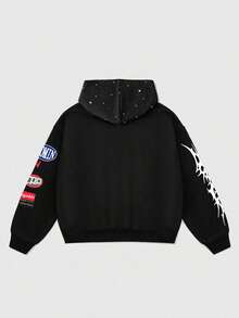 ROMWE MEN Prep 男士宽松短款运动衫，亮片装饰运动衫，街头潮流 - 黑色 - 查看 2