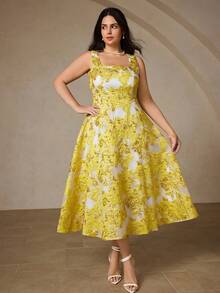 BELROSIE Elegant Sleeveless Dress With Square Neckline, Gold Foil Floral Print Fabric, Fitted Waist, Suitable For Wedding Season, Plus Size - Yellow - View 1