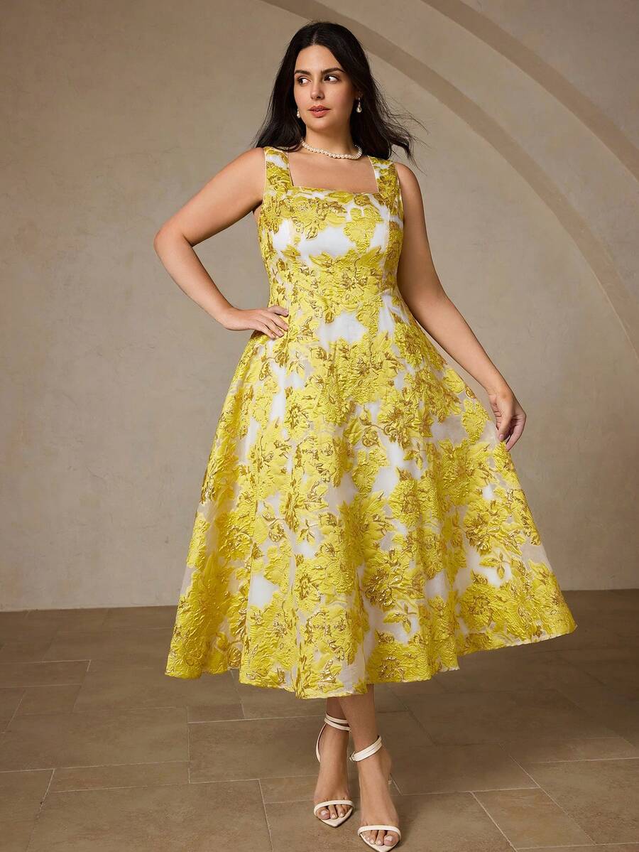 BELROSIE Elegant Sleeveless Dress With Square Neckline, Gold Foil Floral Print Fabric, Fitted Waist, Suitable For Wedding Season, Plus Size - Yellow - View 1