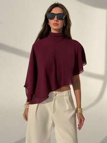 Aloruh Romantisk Stand Collar Cape Asymmetrisk Fåll Dubbelskiktad Chiffong Lila Damblus - Rödviolett - Visa 6