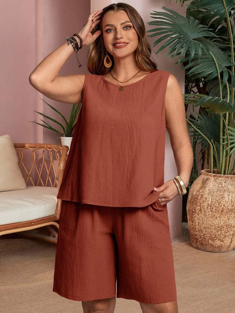 2pc Plus Size Women's Summer Casual Vacation Solid Color Round Neck Sleeveless Loose Casual Top And Pants 2 Pieces Set,Spring Break Outfits ,Vacation Outfits Women ,Holiday Outfits For Women,Going Out Outfits,2026 New Clothes,Simple And Fashionable For Everyday Wear, Plus Size Summer Sets, Two Piece Set Women Summer