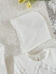 4-Piece Newborn Outfit Set: Cute Peter Pan Collar White Lace Romper, Hat, Swaddle Wrap, And Gloves Baby Girl Clothes Lace Trim Fall Winter - White - View 5